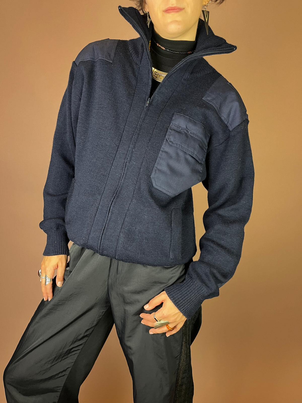Vintage Feuerwehr Strickjacke Hamburg in Navy aus Wolle Gr. S