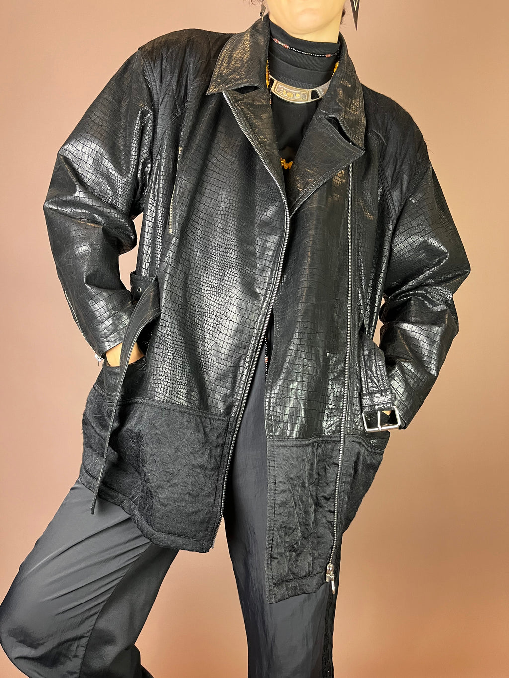 Lederjacke in Kroko Optik mit Gürtel Gr. 40