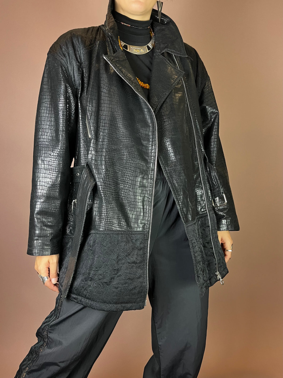Lederjacke in Kroko Optik mit Gürtel Gr. 40