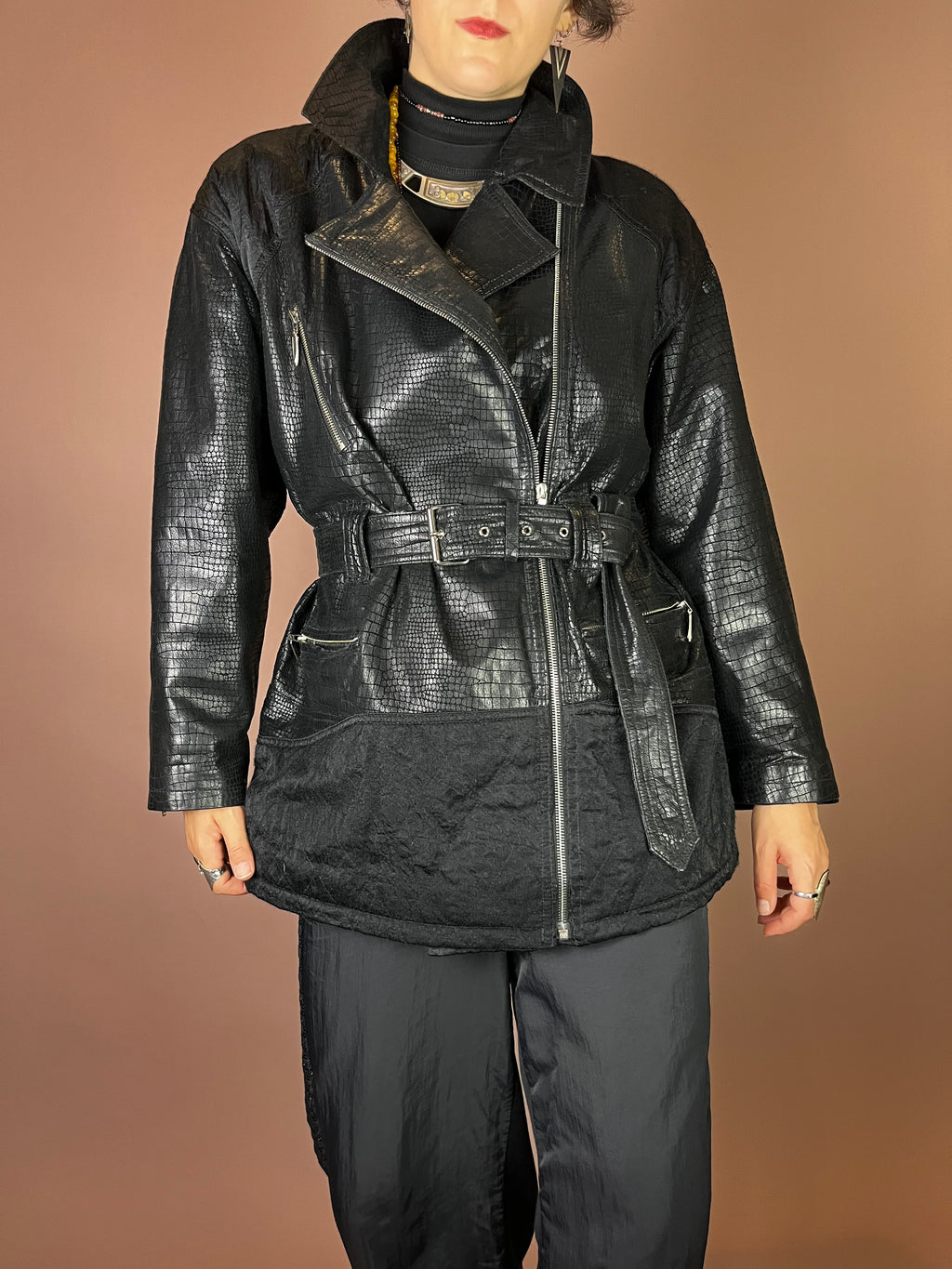 Lederjacke in Kroko Optik mit Gürtel Gr. 40