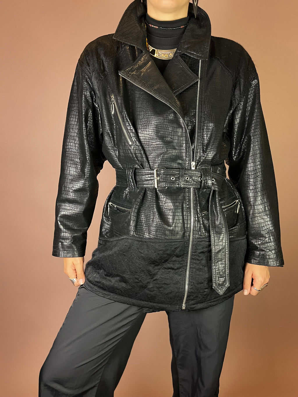 Lederjacke in Kroko Optik mit Gürtel Gr. 40