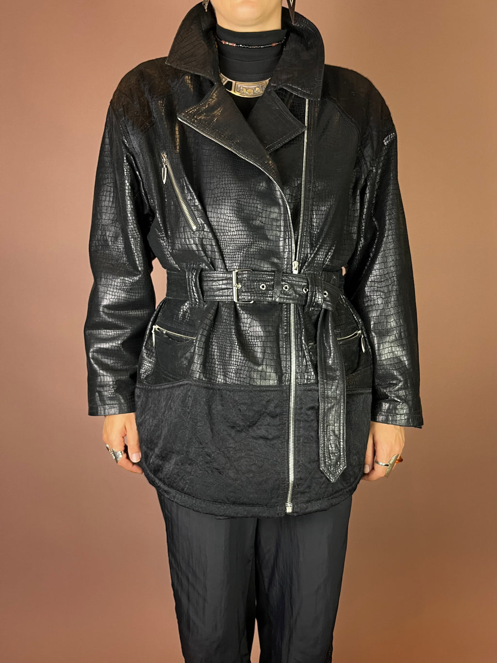Lederjacke in Kroko Optik mit Gürtel Gr. 40