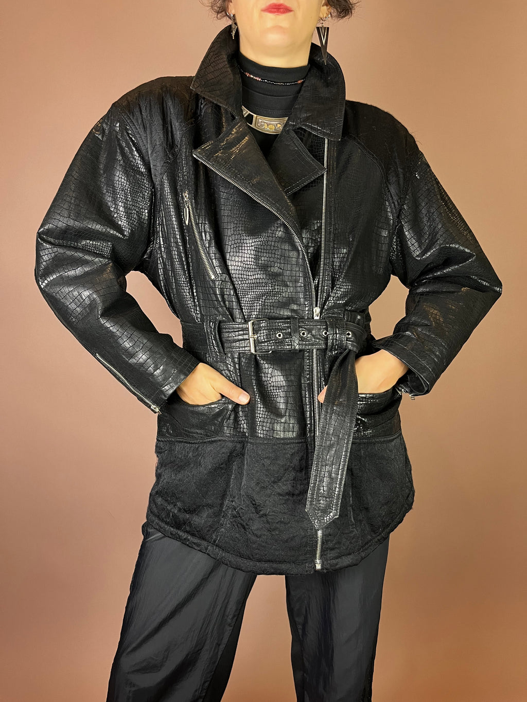 Lederjacke in Kroko Optik mit Gürtel Gr. 40