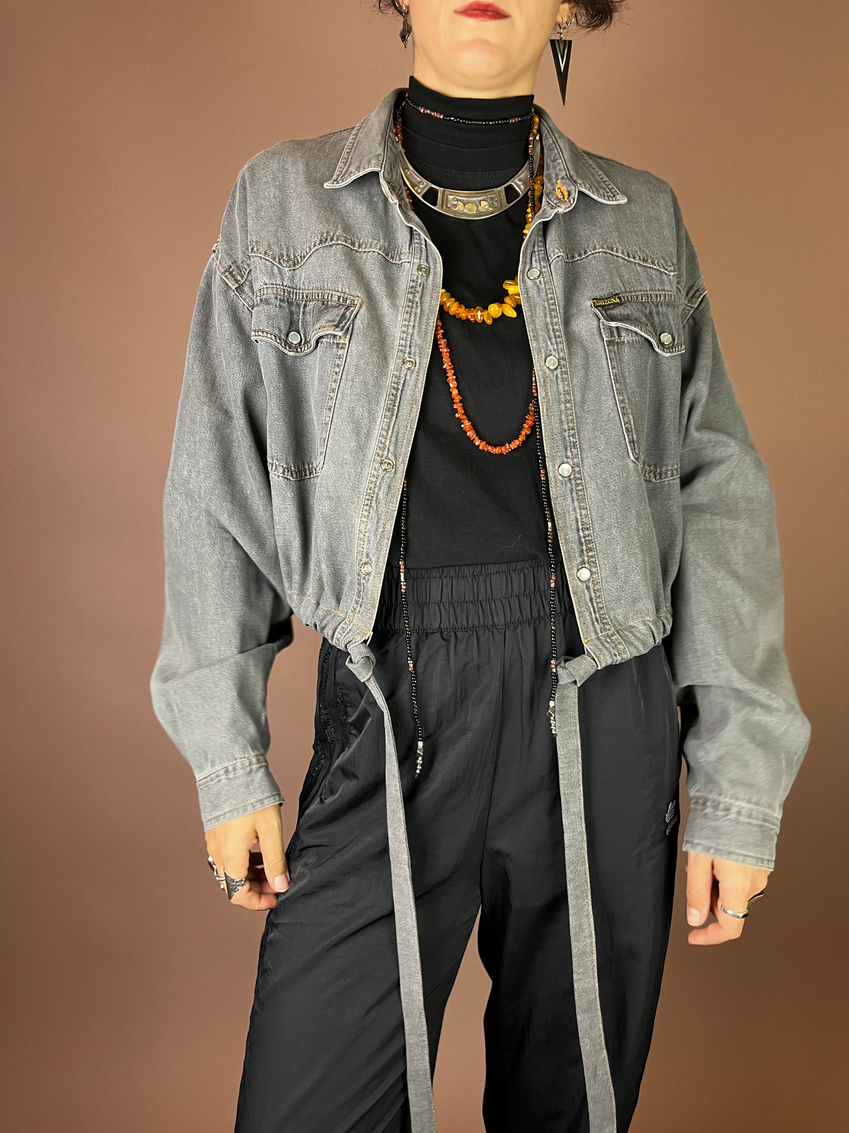Upcycling Cropped Western Jeanshemd in Washed Grey Gr. 36-40