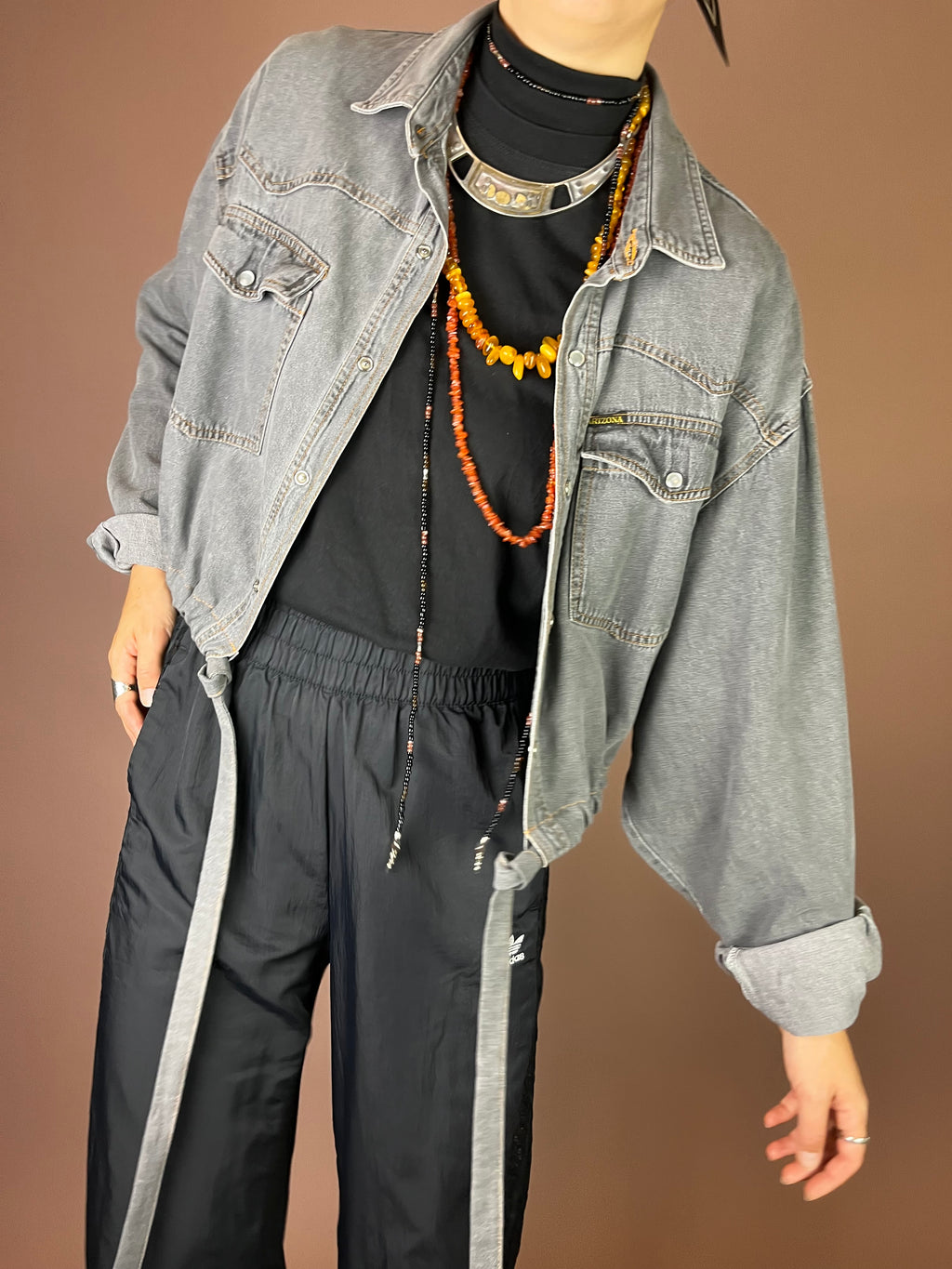 Upcycling Cropped Western Jeanshemd in Washed Grey Gr. 36-40