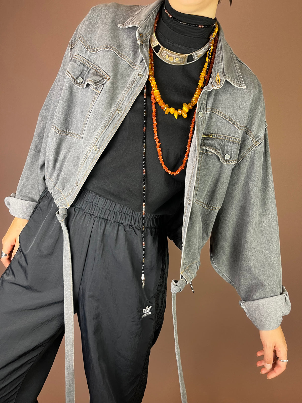 Upcycling Cropped Western Jeanshemd in Washed Grey Gr. 36-40