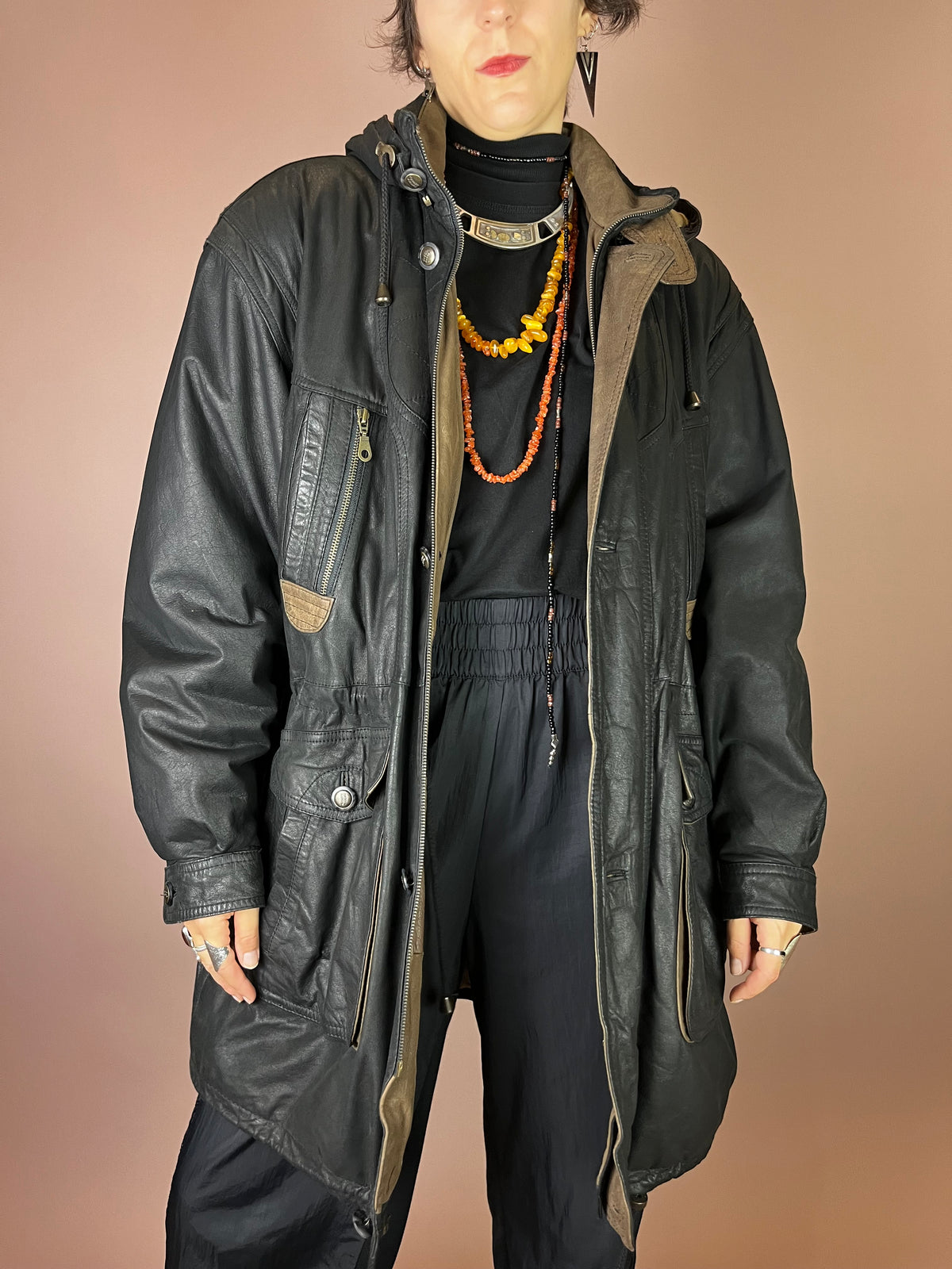Herren Lederjacke mit abnehmbarer Kapuze in Schwarz Gr. L