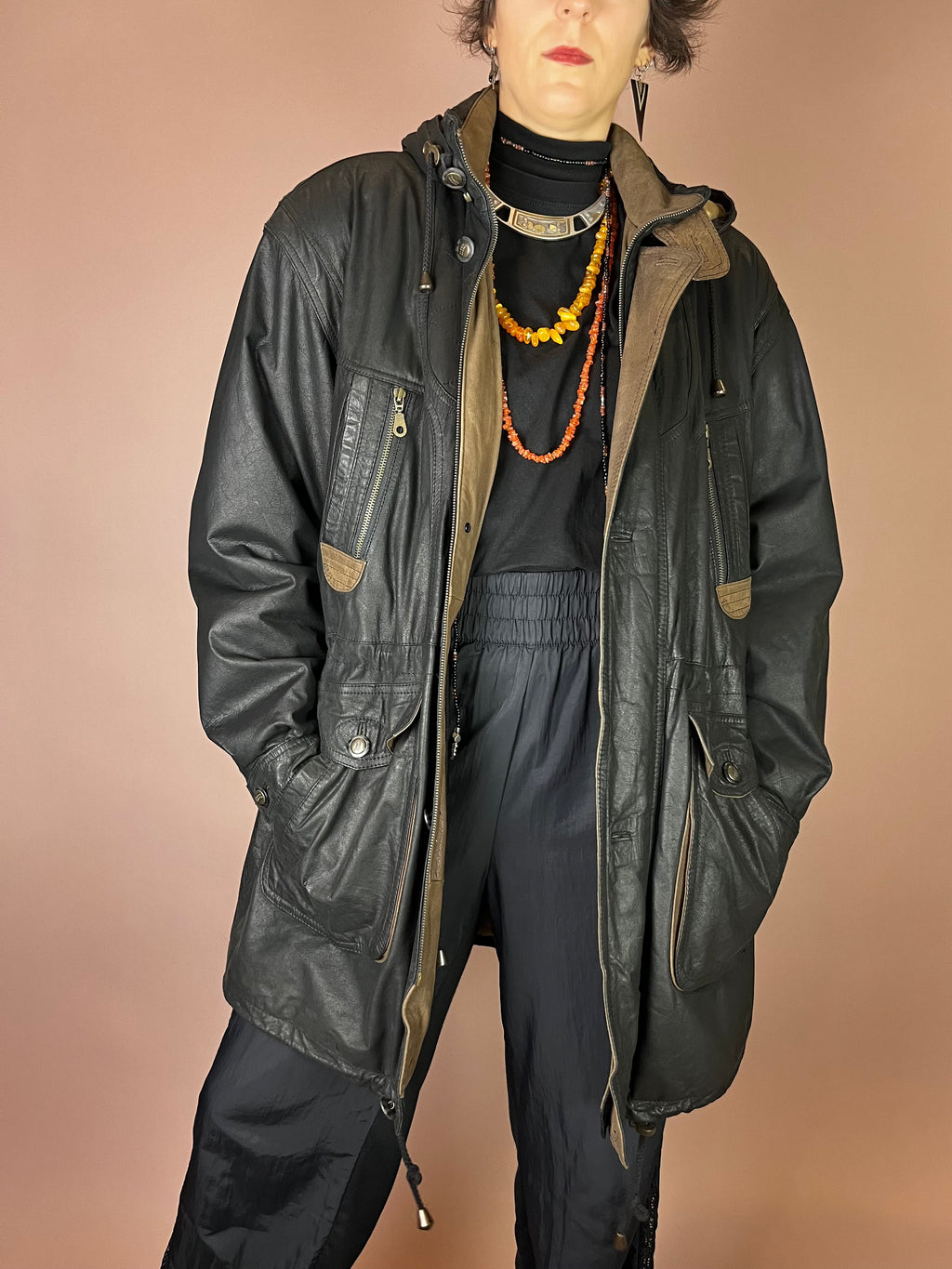 Herren Lederjacke mit abnehmbarer Kapuze in Schwarz Gr. L