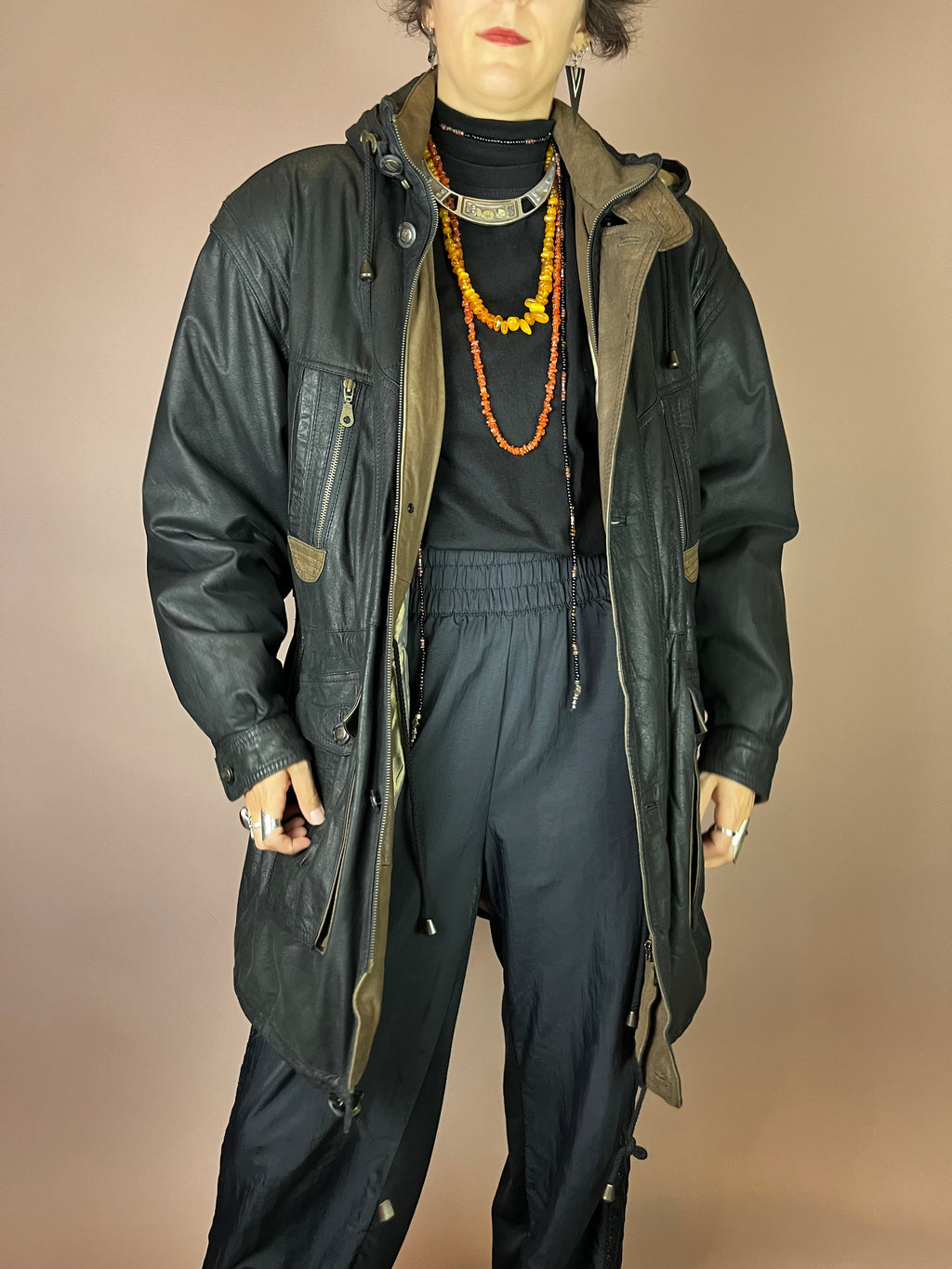 Herren Lederjacke mit abnehmbarer Kapuze in Schwarz Gr. L