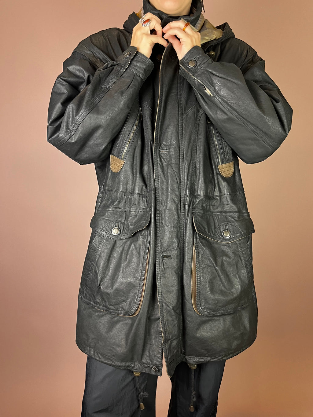 Herren Lederjacke mit abnehmbarer Kapuze in Schwarz Gr. L