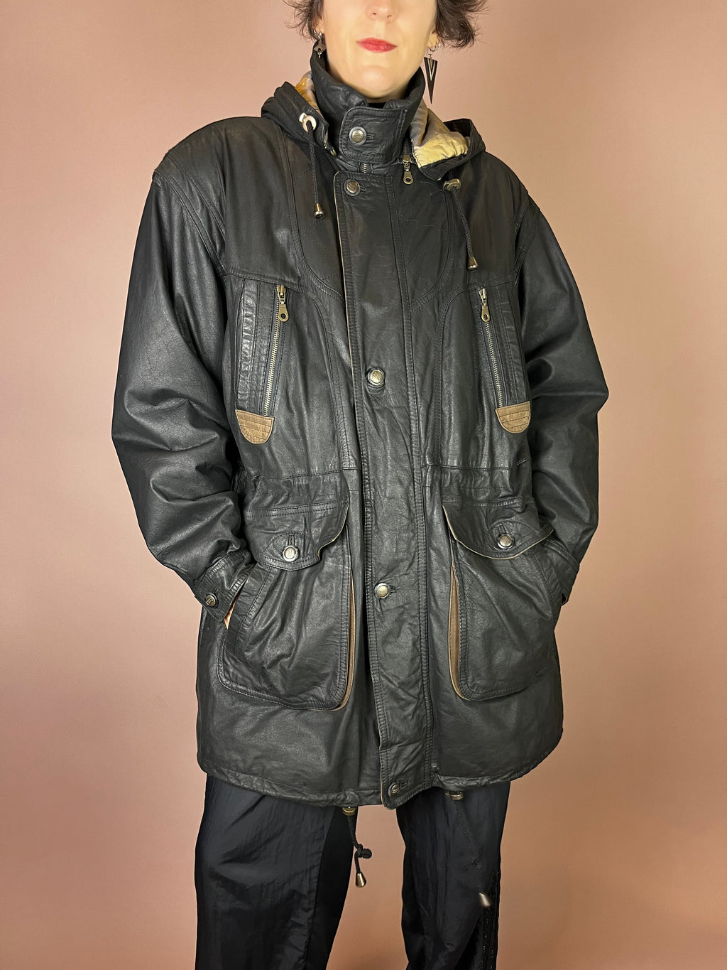 Herren Lederjacke mit abnehmbarer Kapuze in Schwarz Gr. L