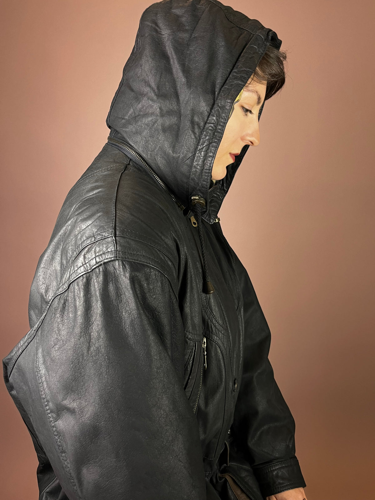 Herren Lederjacke mit abnehmbarer Kapuze in Schwarz Gr. L