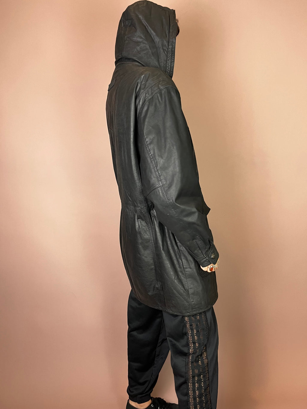 Herren Lederjacke mit abnehmbarer Kapuze in Schwarz Gr. L
