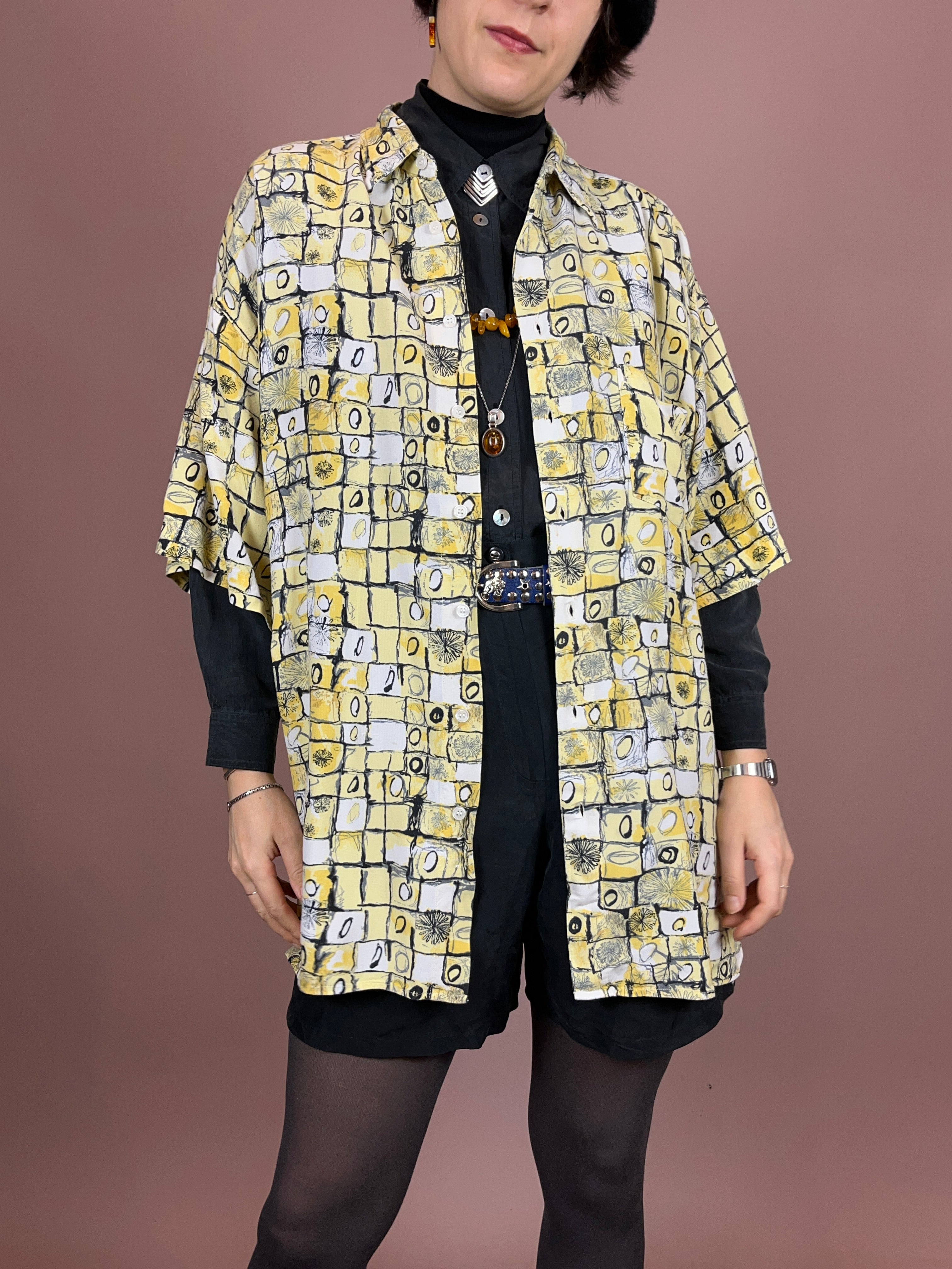 Hemd Karo Weiß Hellgelb Blumen Gr. XL