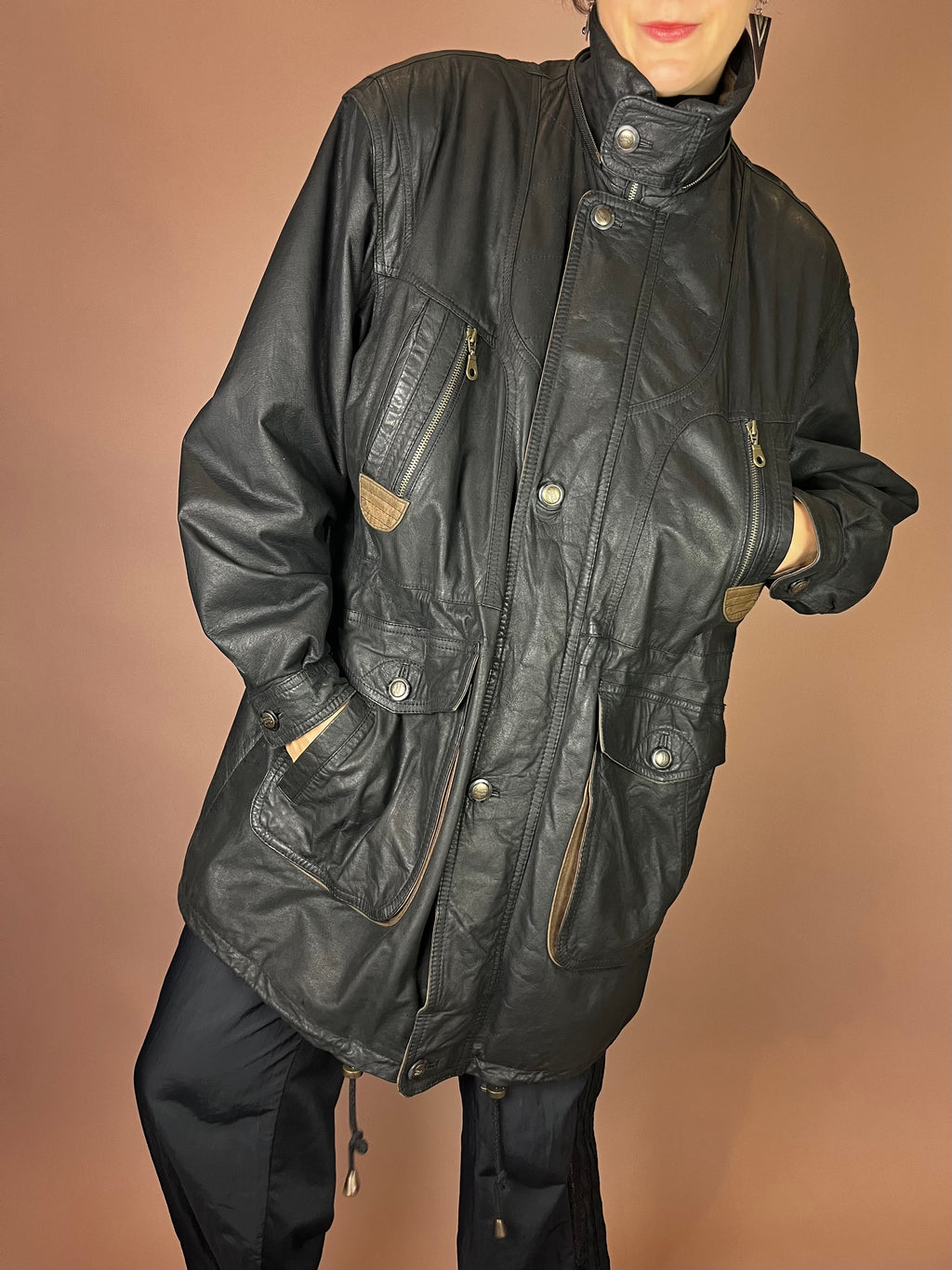 Herren Lederjacke mit abnehmbarer Kapuze in Schwarz Gr. L