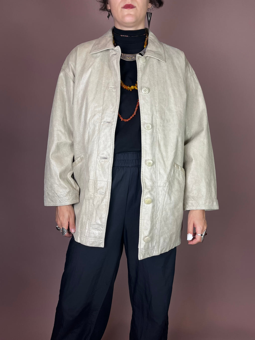 Vanilla Snake Lederjacke in Creme Oversized Gr. 38/40