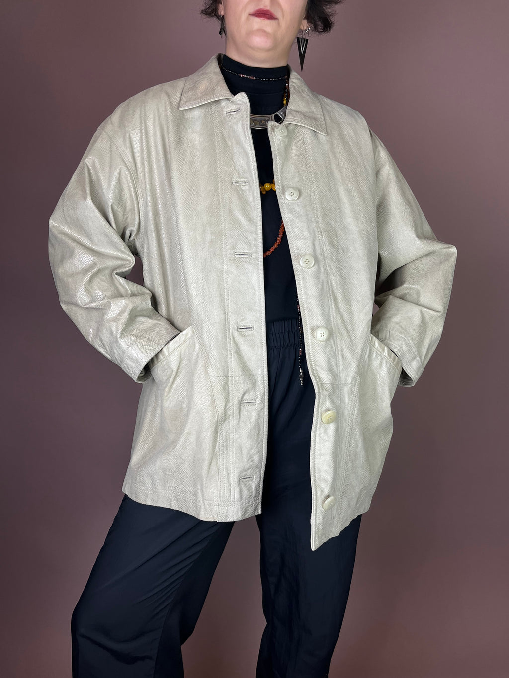 Vanilla Snake Lederjacke in Creme Oversized Gr. 38/40