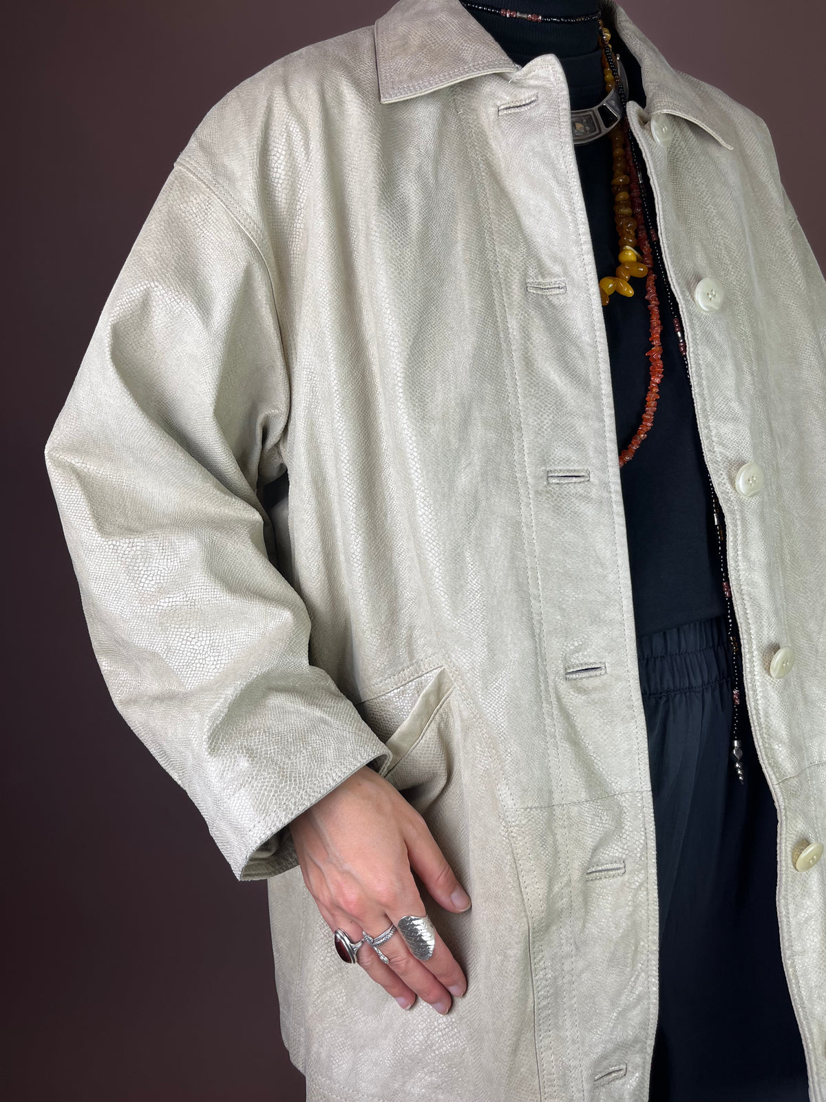Vanilla Snake Lederjacke in Creme Oversized Gr. 38/40