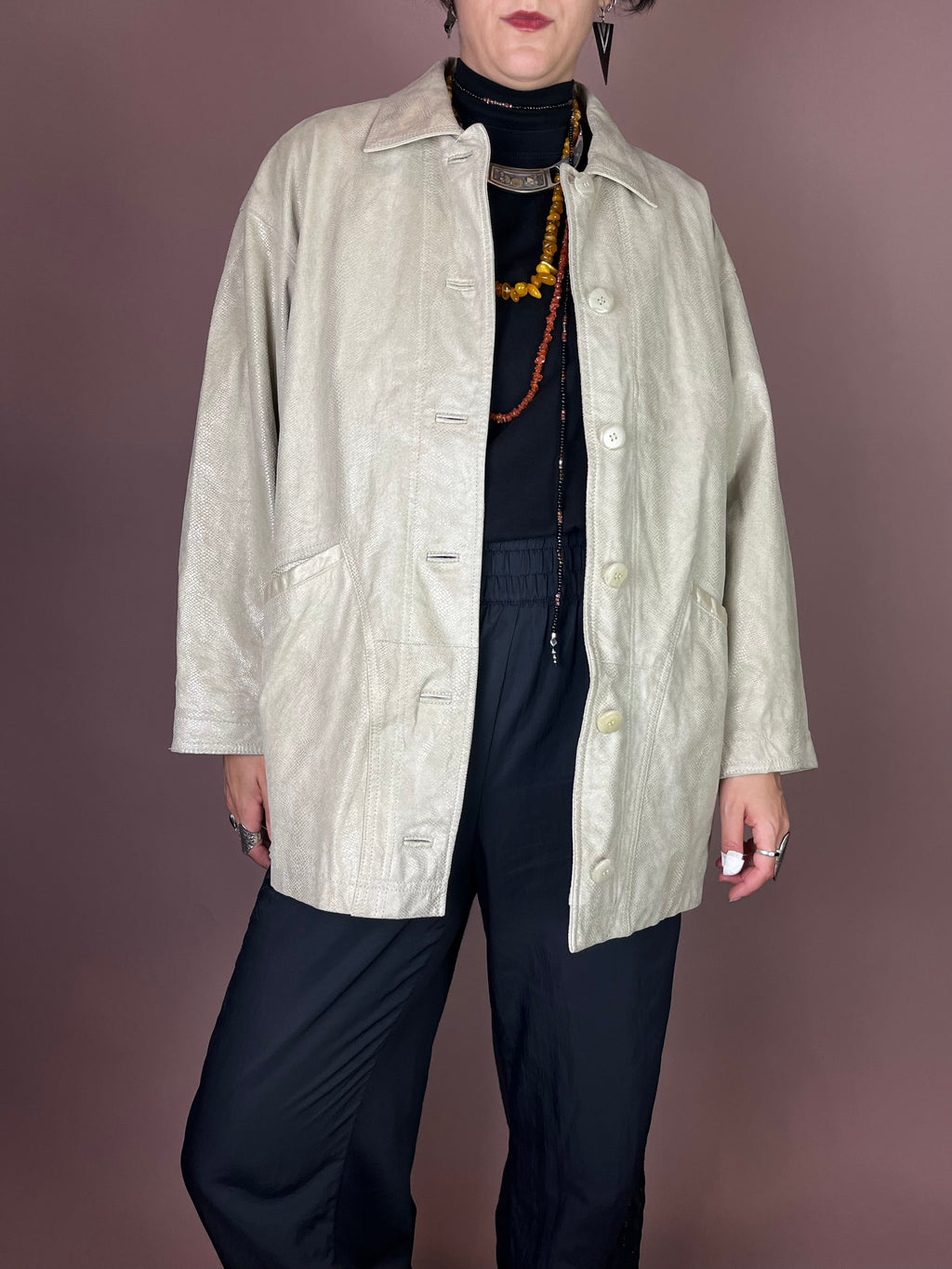 Vanilla Snake Lederjacke in Creme Oversized Gr. 38/40