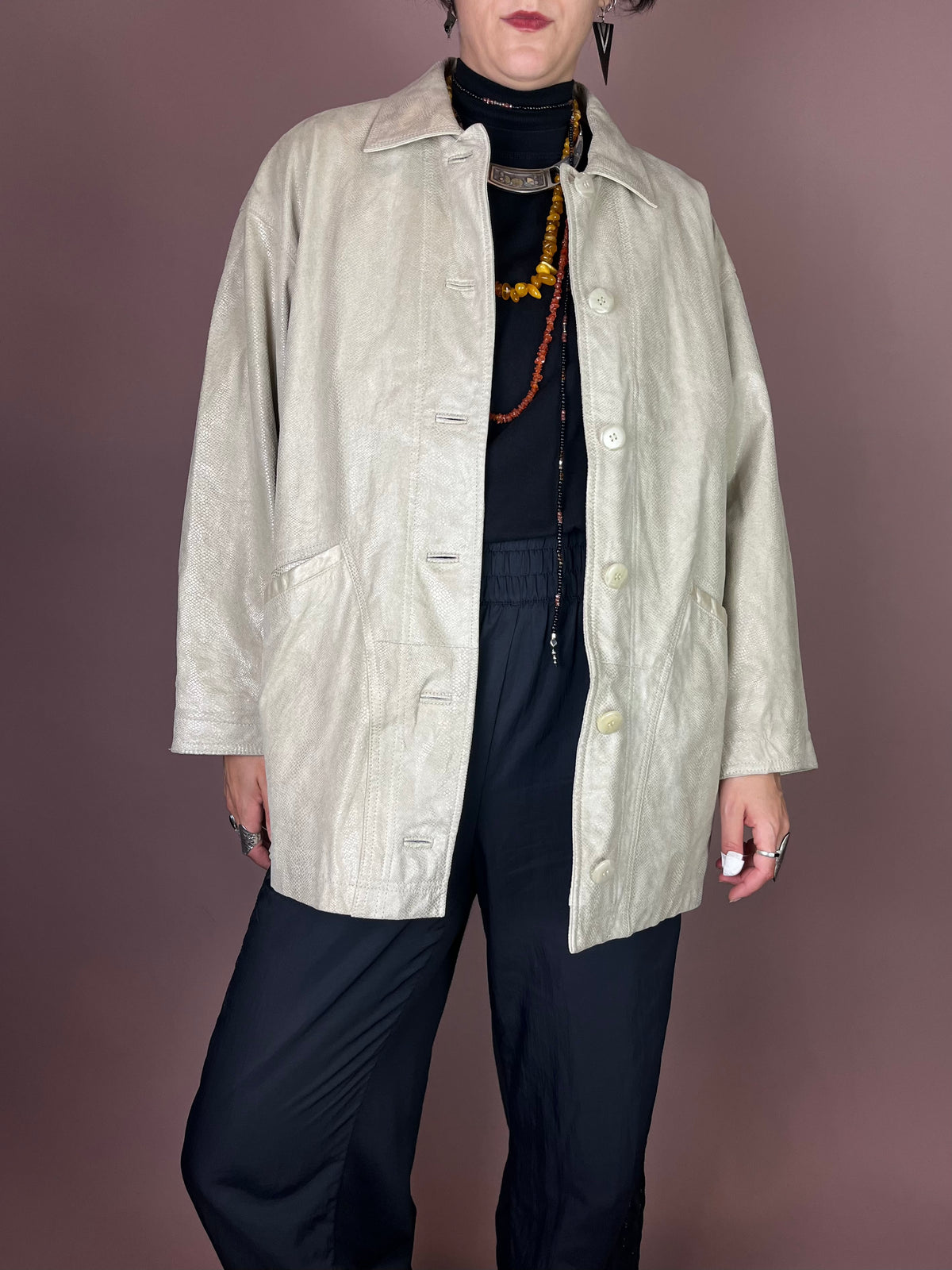 Vanilla Snake Lederjacke in Creme Oversized Gr. 38/40