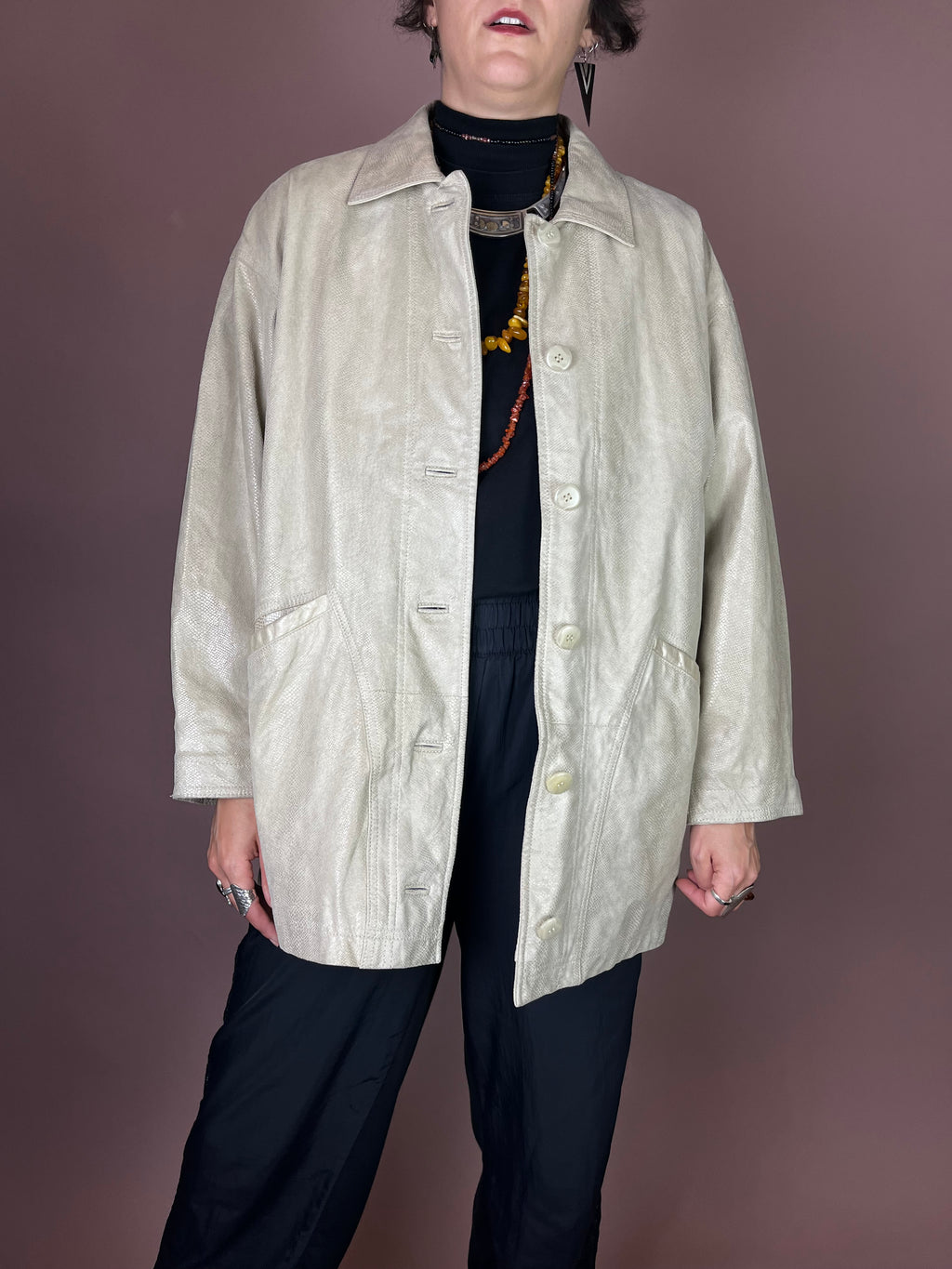 Vanilla Snake Lederjacke in Creme Oversized Gr. 38/40