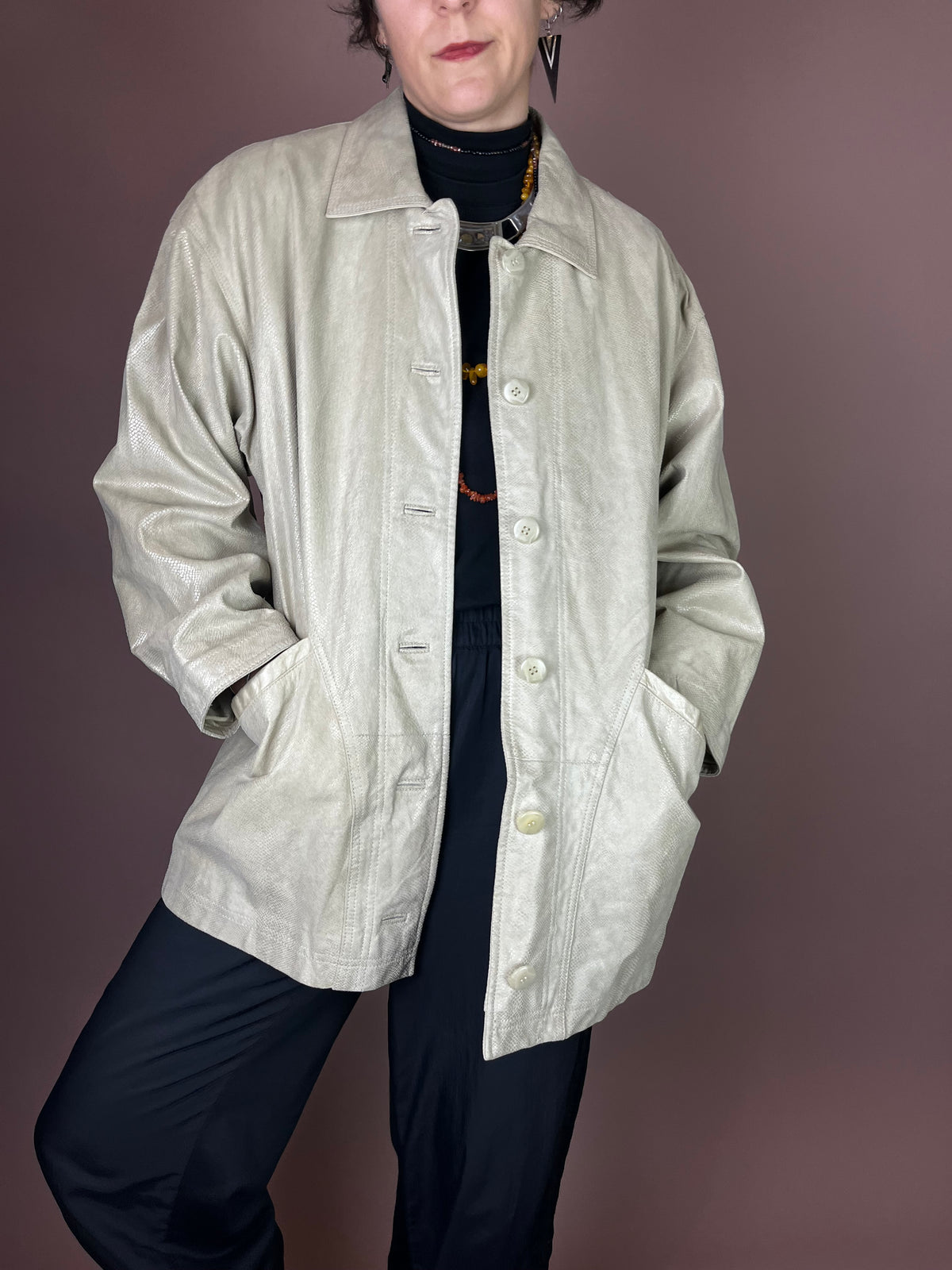 Vanilla Snake Lederjacke in Creme Oversized Gr. 38/40