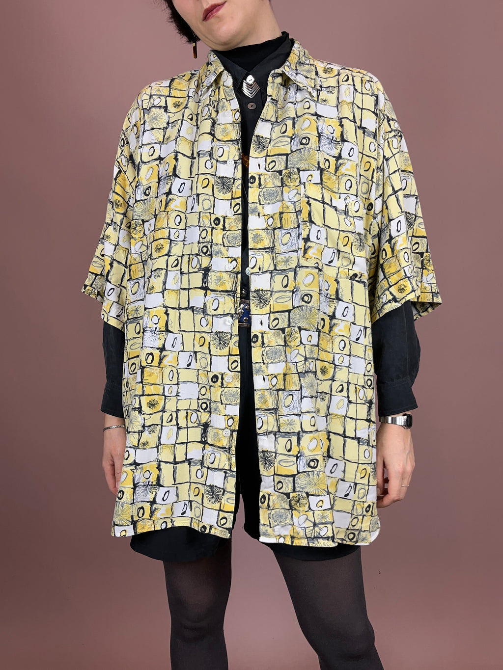 Hemd Karo Weiß Hellgelb Blumen Gr. XL