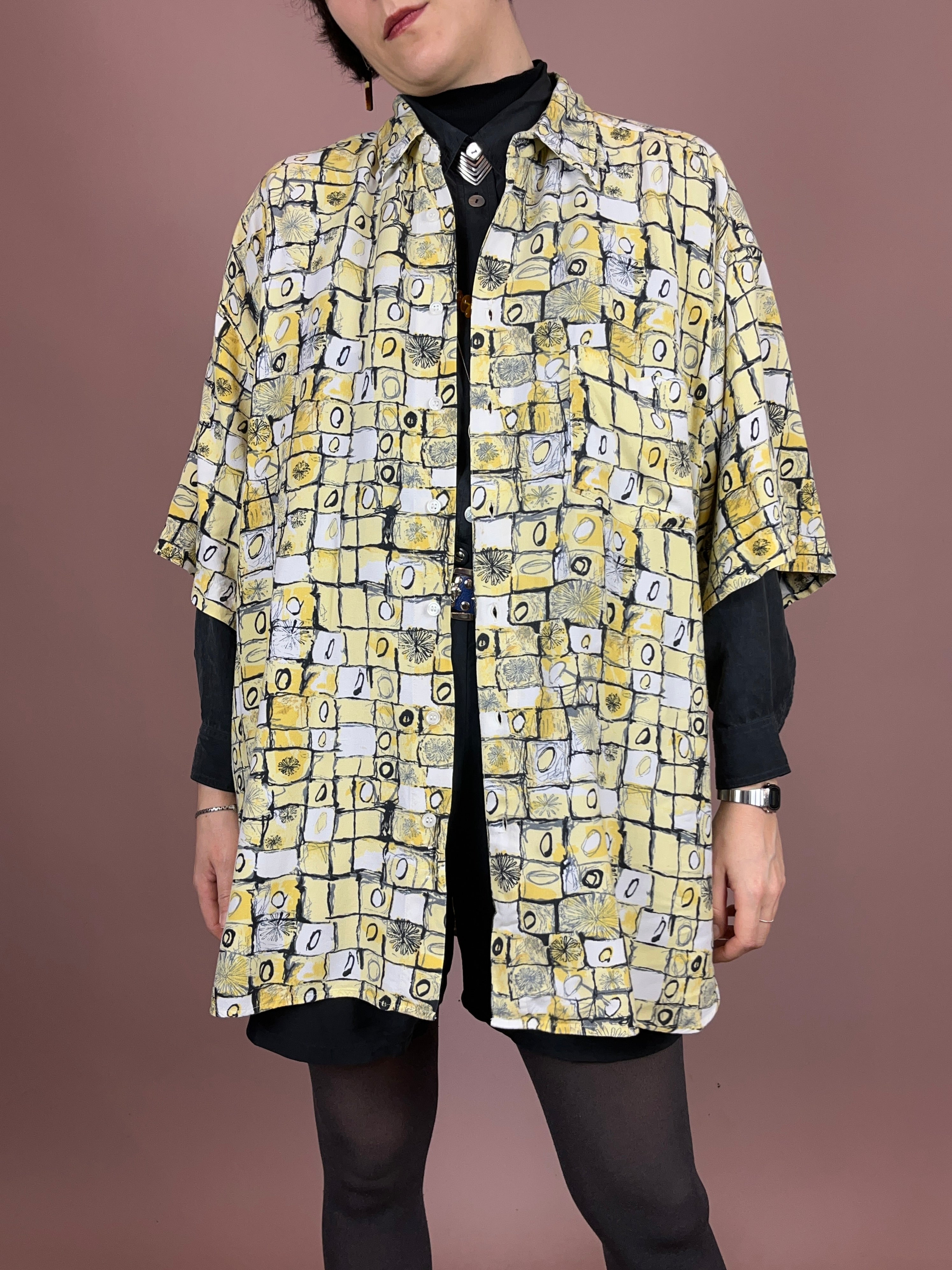 Hemd Karo Weiß Hellgelb Blumen Gr. XL