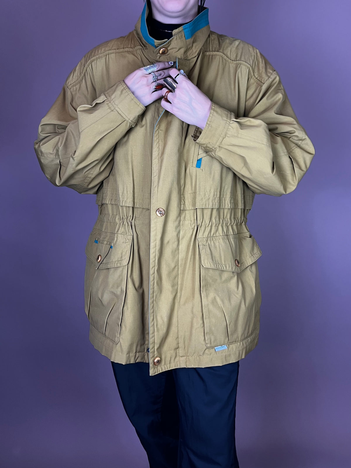 Senfgelbe 80er Utility Jacke mit petrolfarbenen Akzenten Gr. M