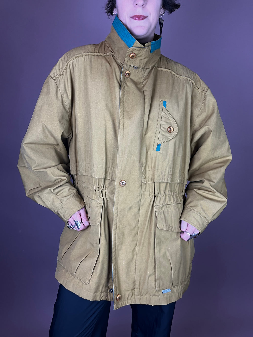 Senfgelbe 80er Utility Jacke mit petrolfarbenen Akzenten Gr. M
