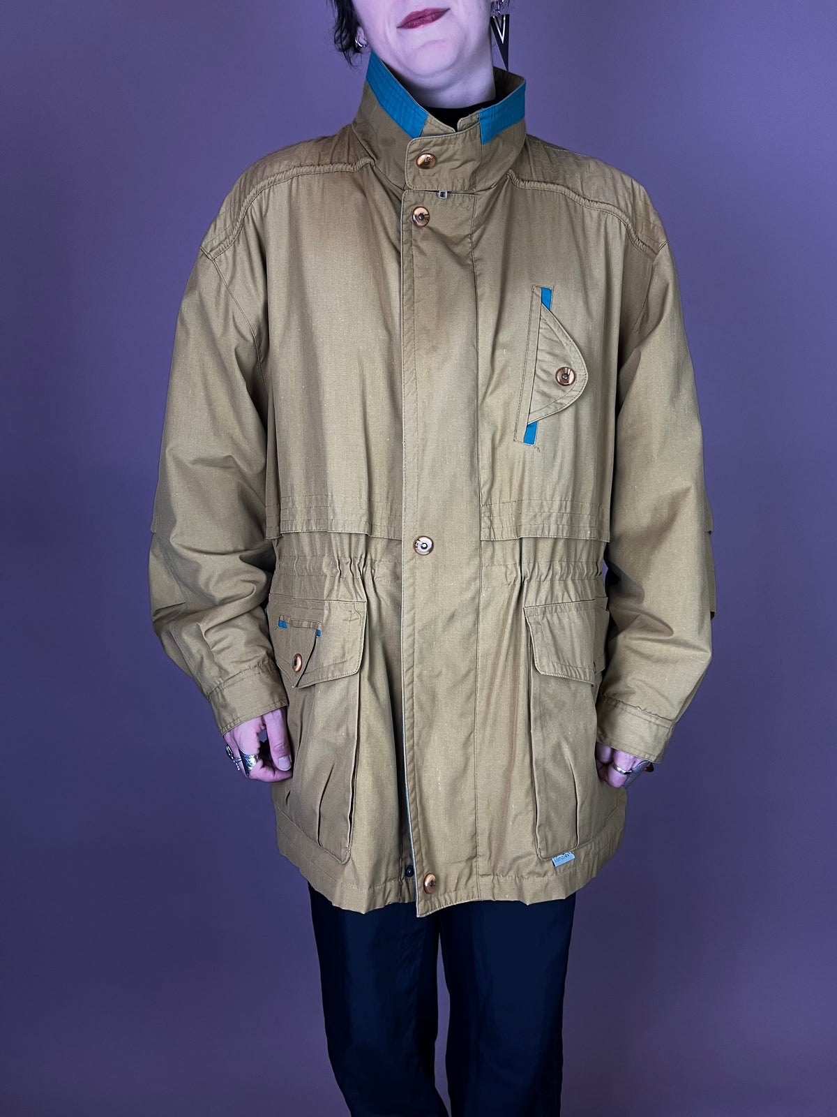 Senfgelbe 80er Utility Jacke mit petrolfarbenen Akzenten Gr. M