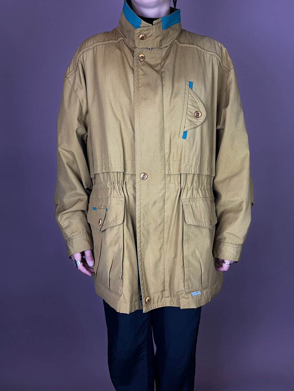 Senfgelbe 80er Utility Jacke mit petrolfarbenen Akzenten Gr. M