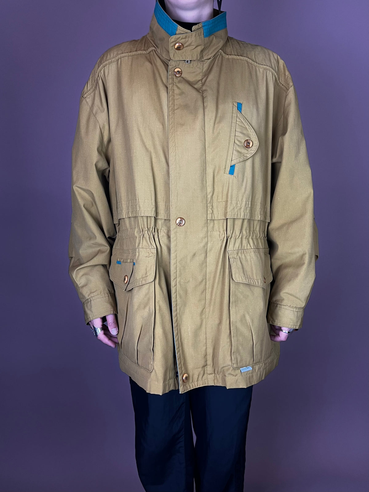 Senfgelbe 80er Utility Jacke mit petrolfarbenen Akzenten Gr. M