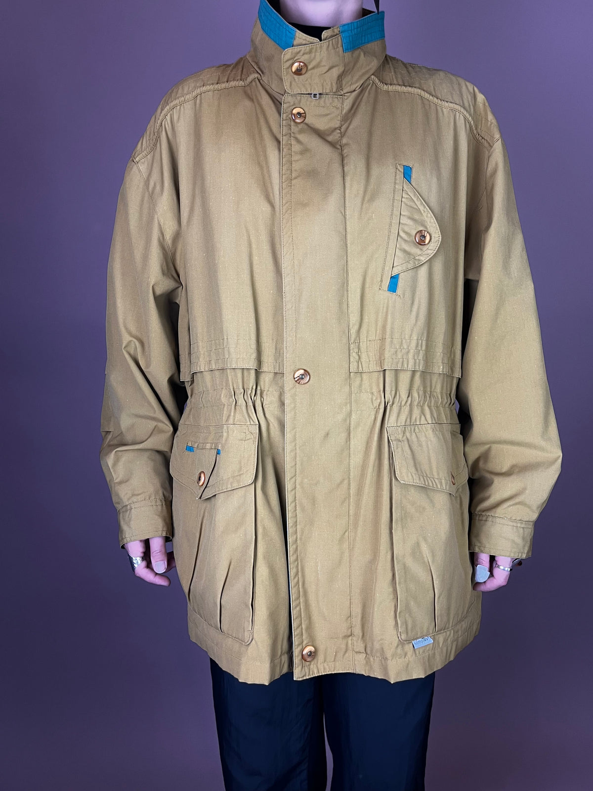 Senfgelbe 80er Utility Jacke mit petrolfarbenen Akzenten Gr. M