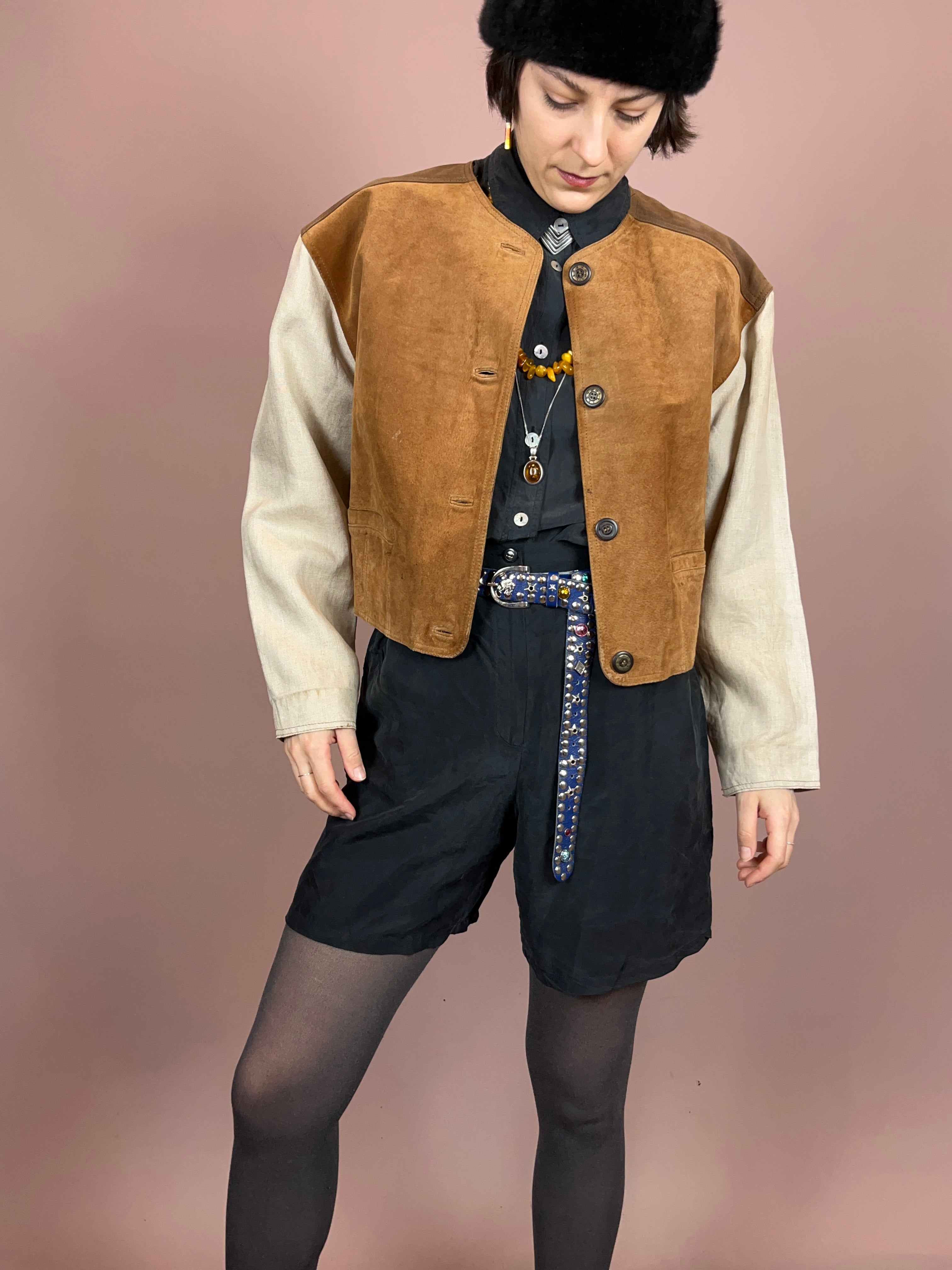 Lederjacke Crop Leinenärmel Gr. 40/42