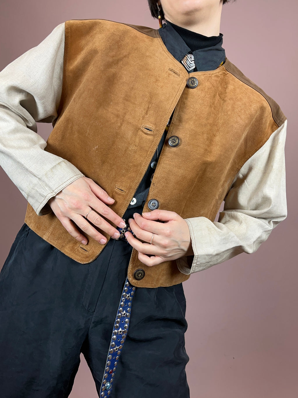 Lederjacke Crop Leinenärmel Gr. 40/42