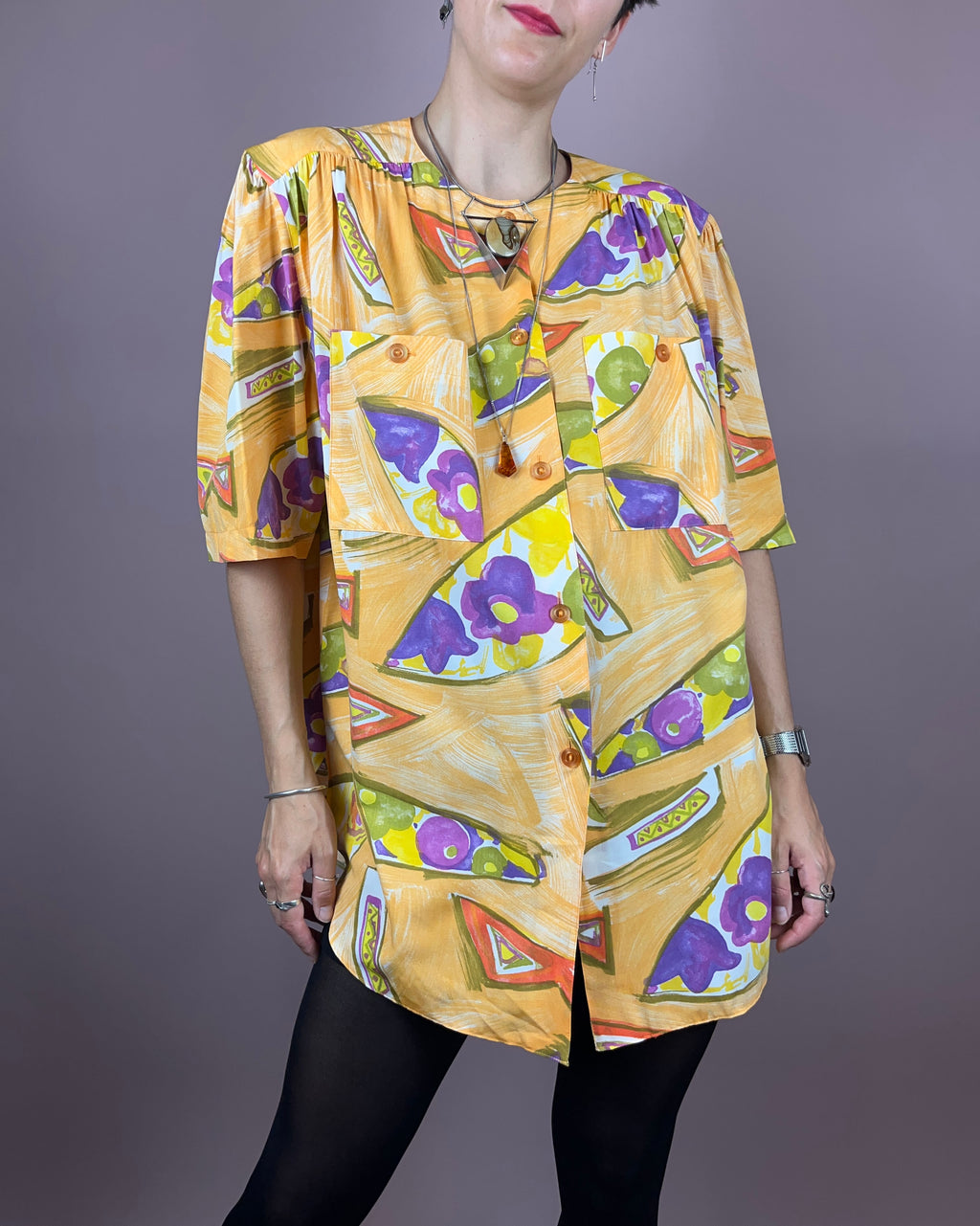 Blouse Yellow Violet Flowers Gr. 44