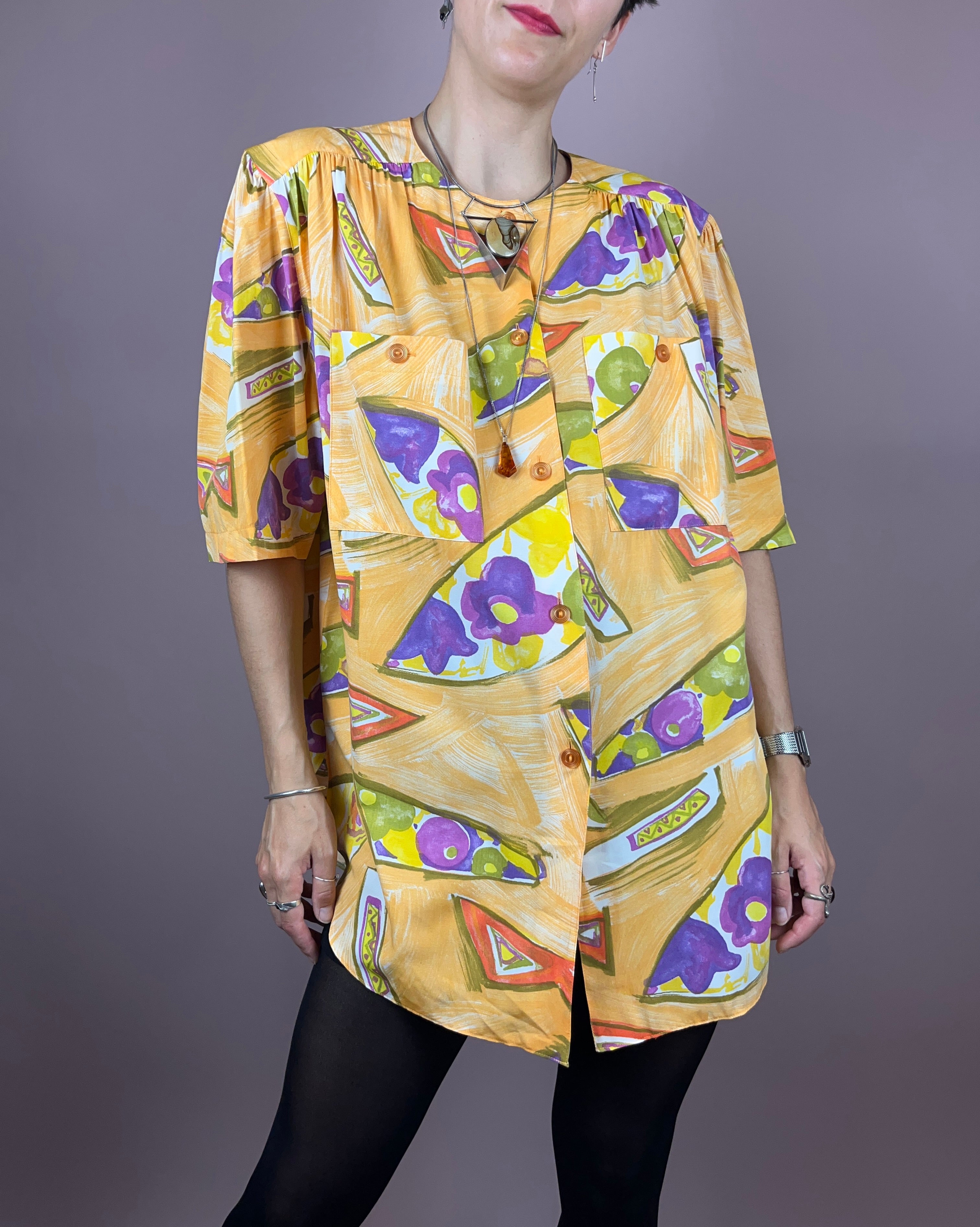 Blouse Yellow Violet Flowers Gr. 44