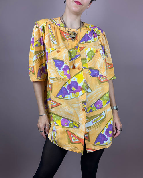 Blouse Yellow Violet Flowers Gr. 44