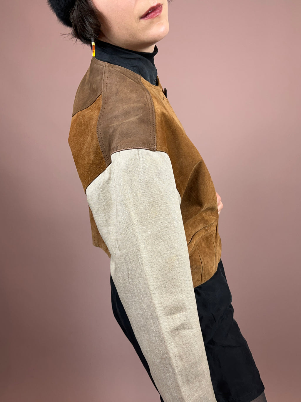 Lederjacke Crop Leinenärmel Gr. 40/42