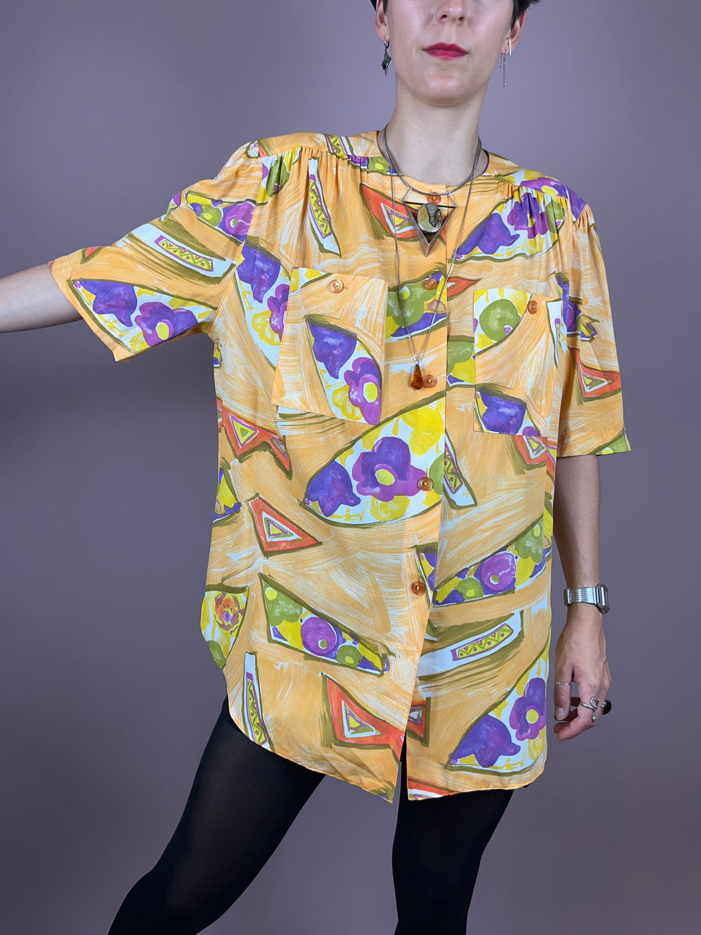 Blouse Yellow Violet Flowers Gr. 44