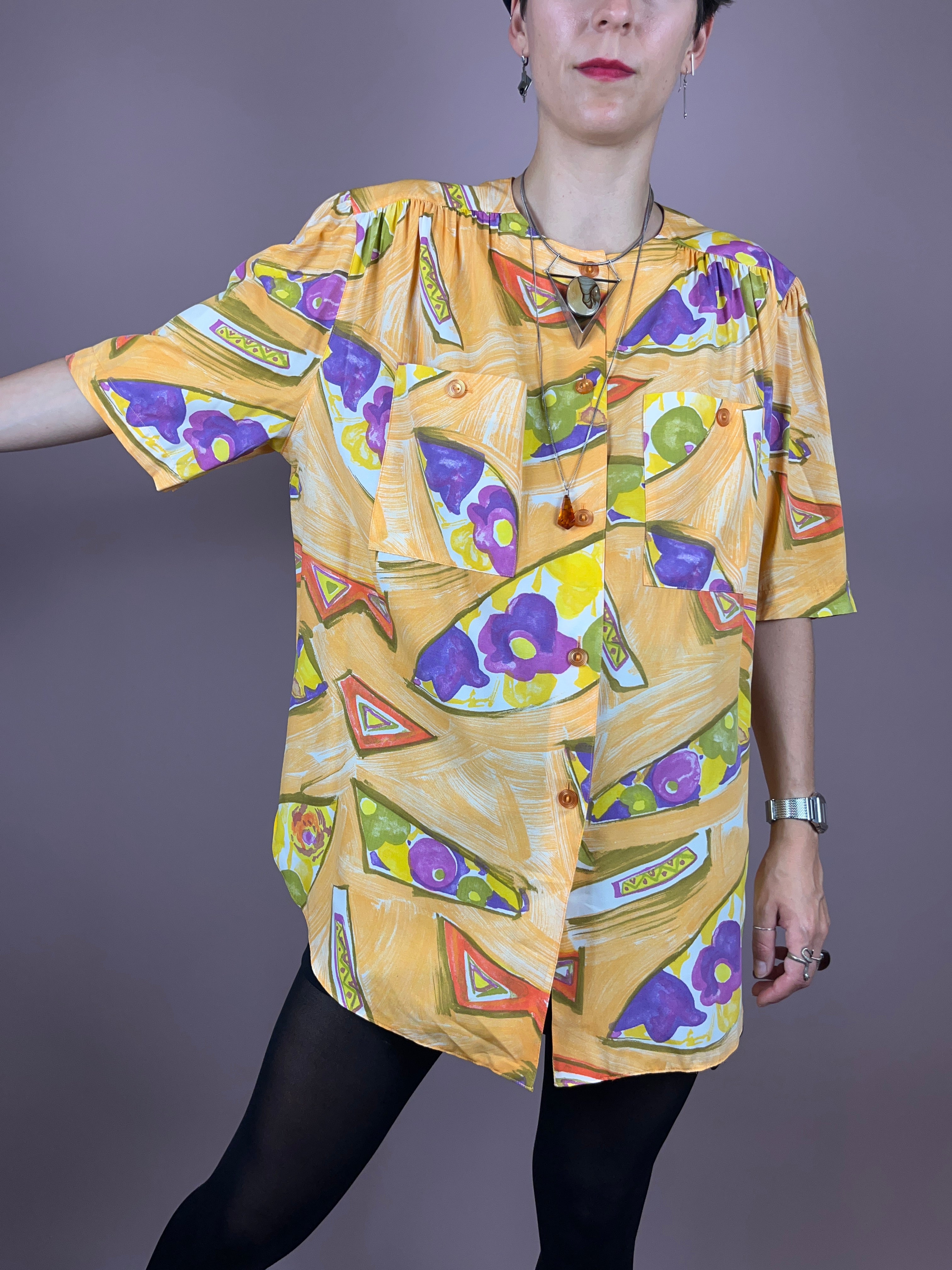 Blouse Yellow Violet Flowers Gr. 44