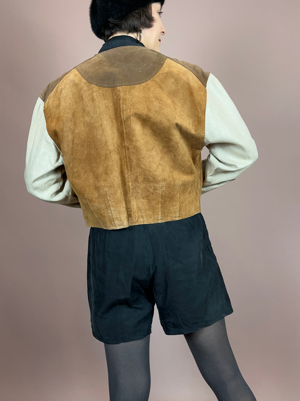 Lederjacke Crop Leinenärmel Gr. 40/42