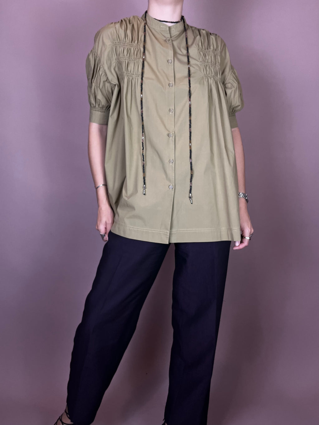 Bluse Khaki Kurzarm Raffung Gr. 36