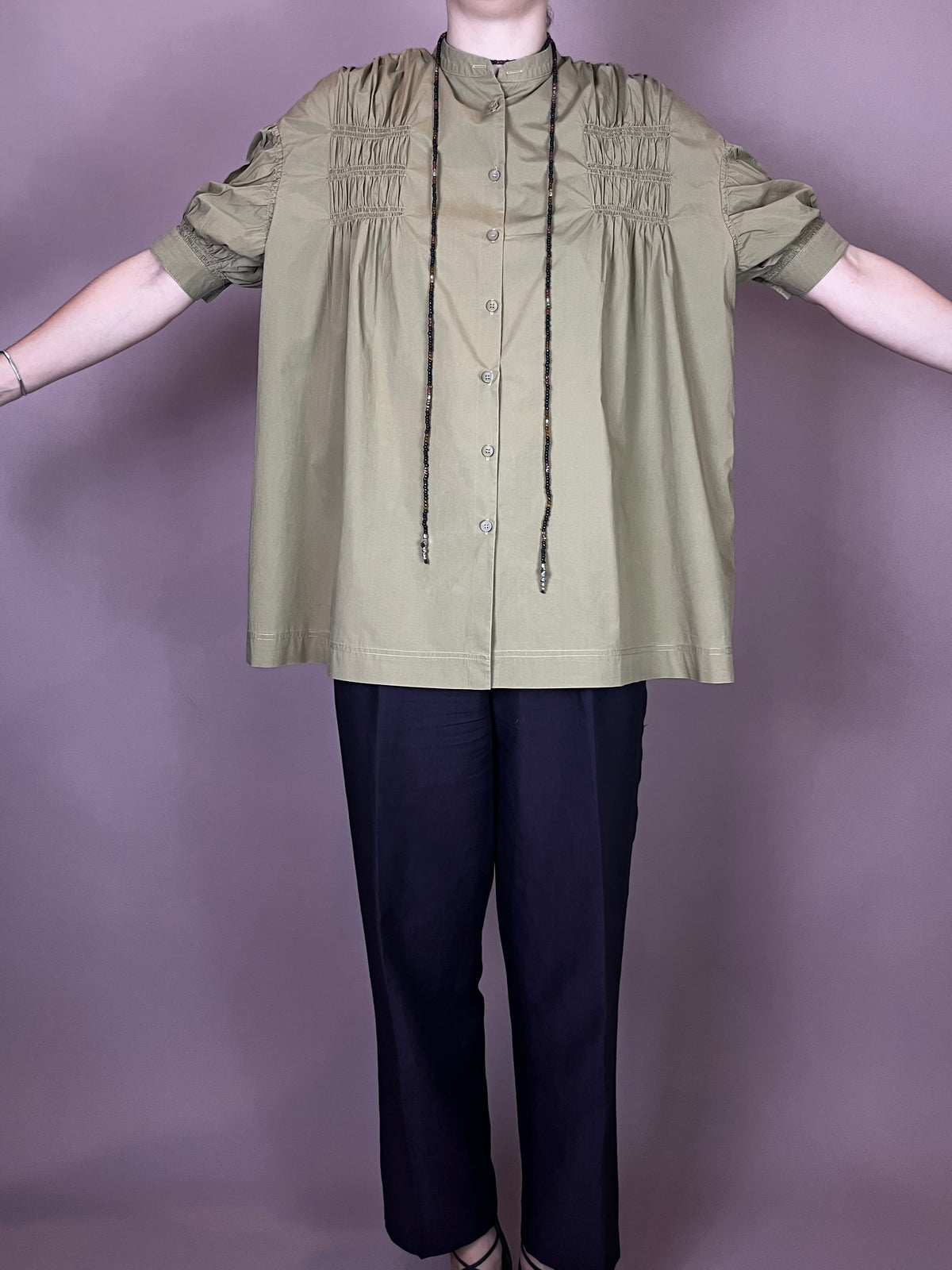 Bluse Khaki Kurzarm Raffung Gr. 36