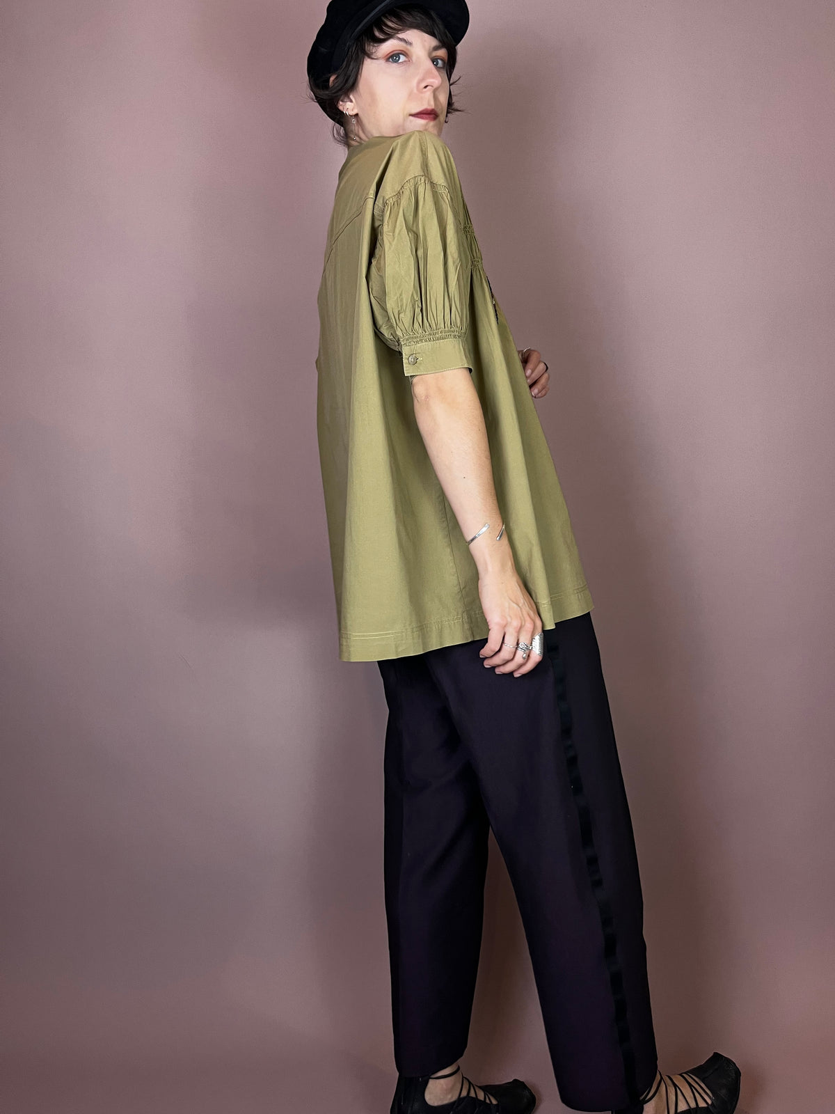 Bluse Khaki Kurzarm Raffung Gr. 36