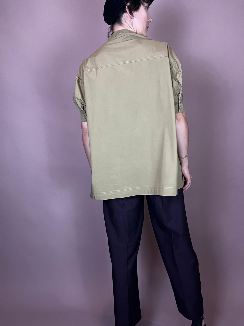 Bluse Khaki Kurzarm Raffung Gr. 36