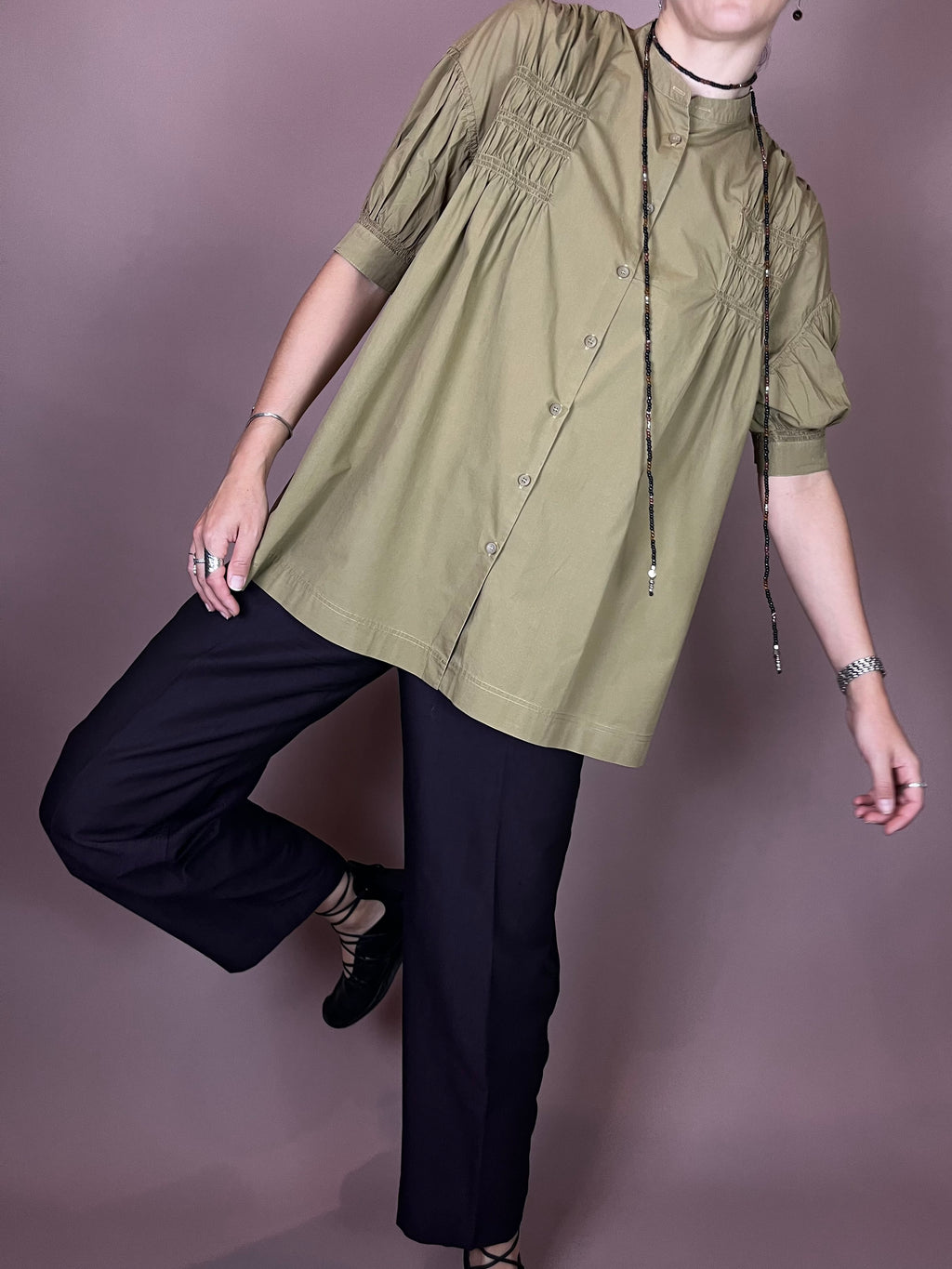Bluse Khaki Kurzarm Raffung Gr. 36