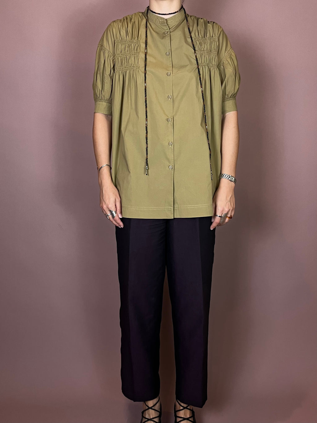 Bluse Khaki Kurzarm Raffung Gr. 36