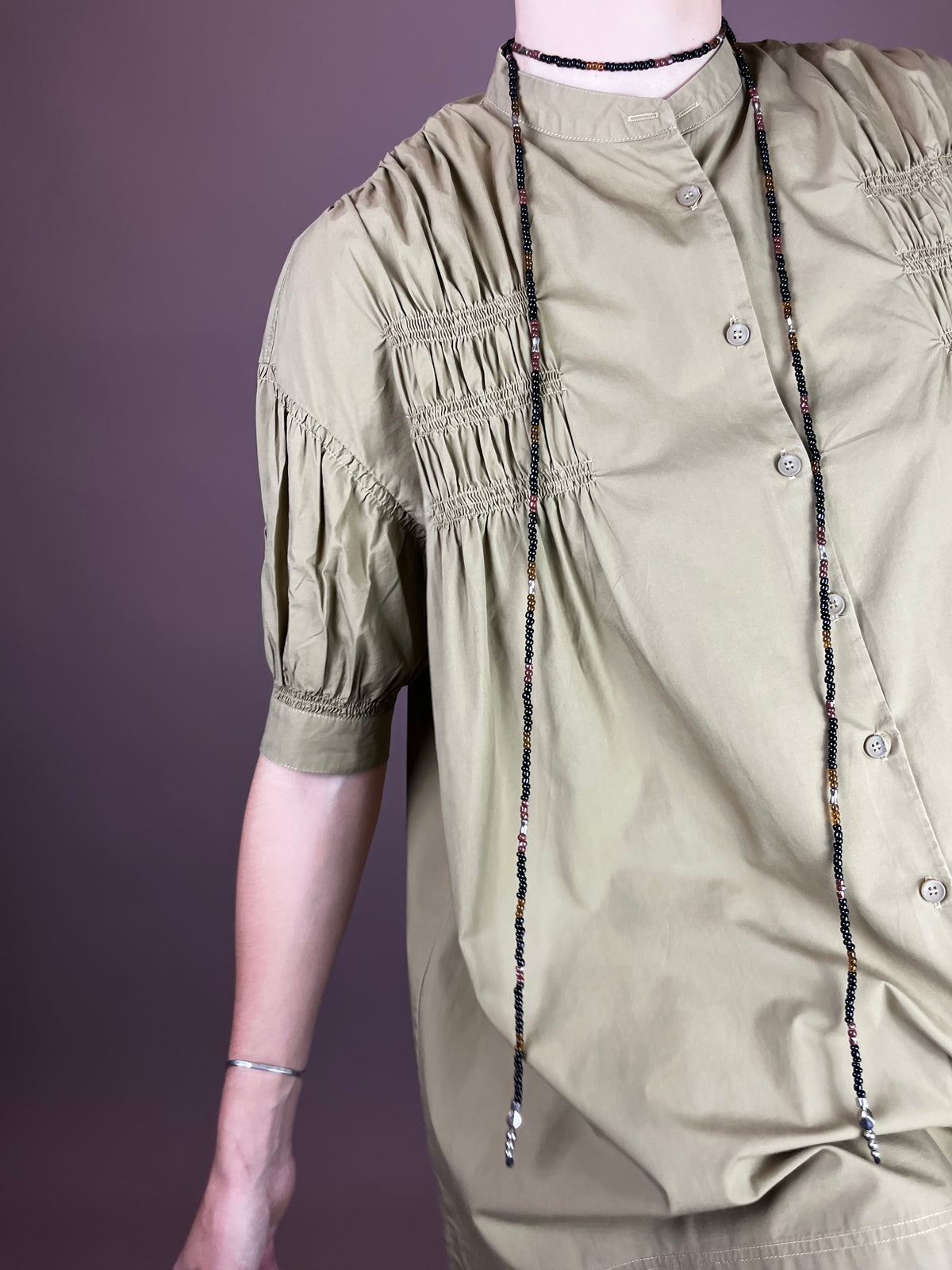 Bluse Khaki Kurzarm Raffung Gr. 36